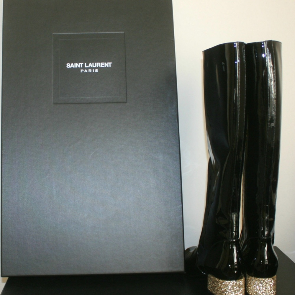 YSL Babies Boots Patent Leather Glitter Heels - Picture 5 of 8